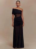 One Shoulder Mesh Maxi Dress Women Off-shoulder Strapless Sleeveless Backless - Black / S