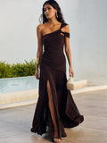 One Shoulder Split Maxi Dress Women Gown - Espresso Brown / S
