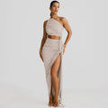One-shoulder Strapless Tether Ruched Dress - Gray / M