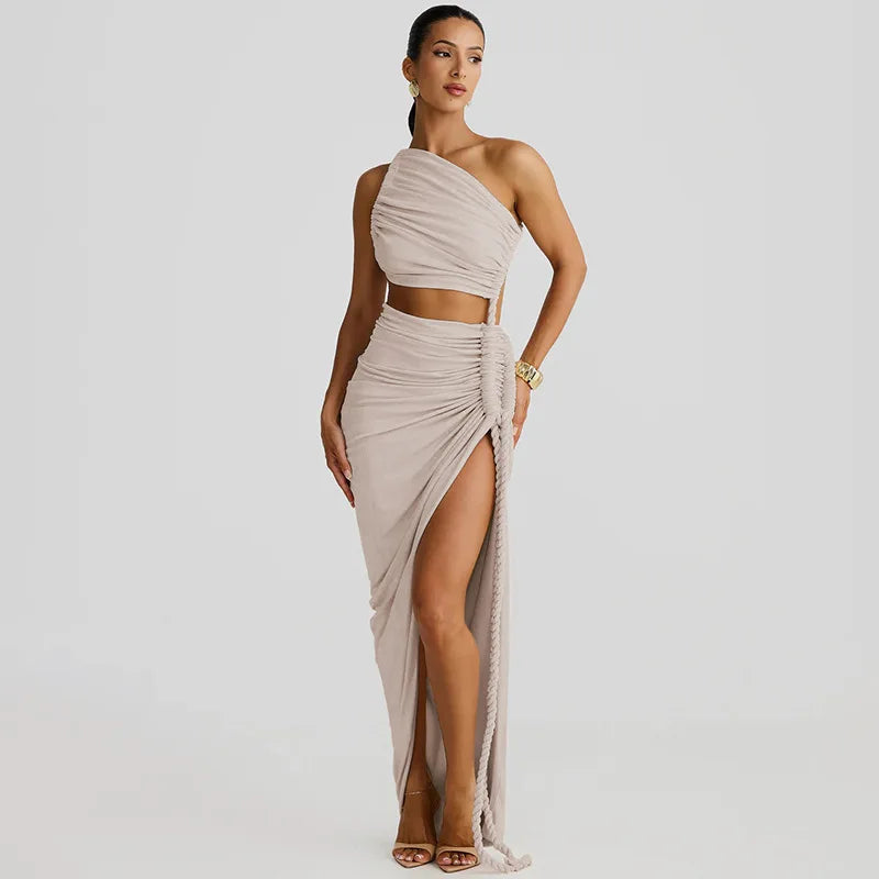 One-shoulder Strapless Tether Ruched Dress - Gray / M