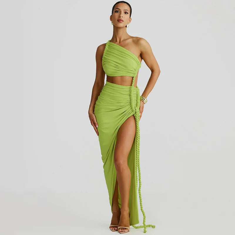 One-shoulder Strapless Tether Ruched Dress - Green / M