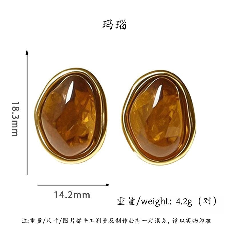 Oval Pearl Earrings Women’s Non-fading Titanium Steel - Agate - electronic accessories