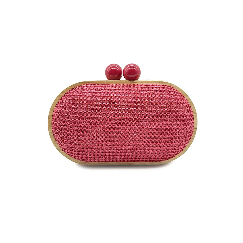 Oval PP Straw Clutch Bag for Women - Red