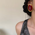 Oval Resin Stud Retro - Golden Wine Red - electronic accessories