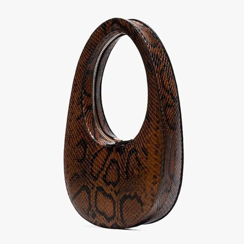 Oval Snake Pattern Embossed Handbag - brown