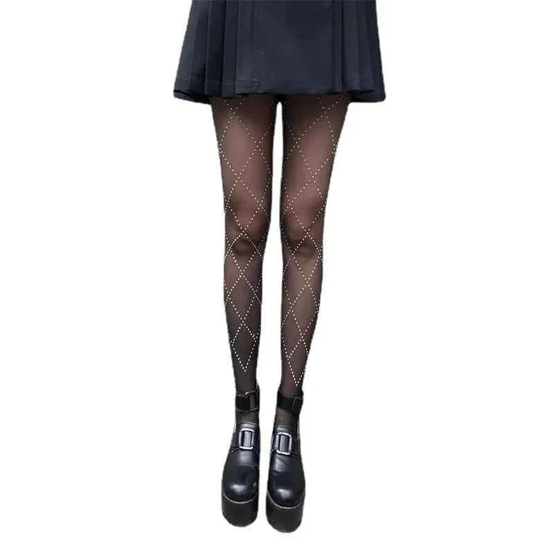 Pantyhose Women Rhinestone Plaid Slim Stockings