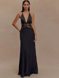 Patchwork Deep V-neck Lace Halter Women Maxi Dress - Black / L
