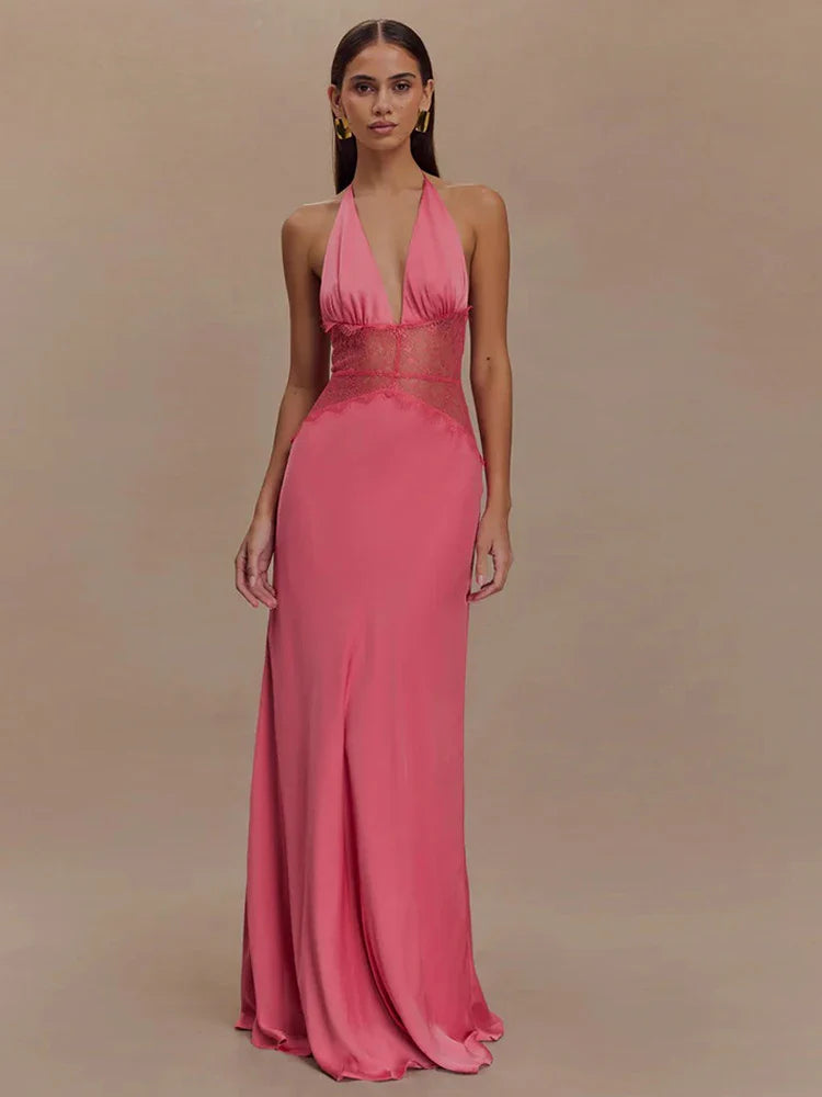 Patchwork Deep V-neck Lace Halter Women Maxi Dress - Pink / L