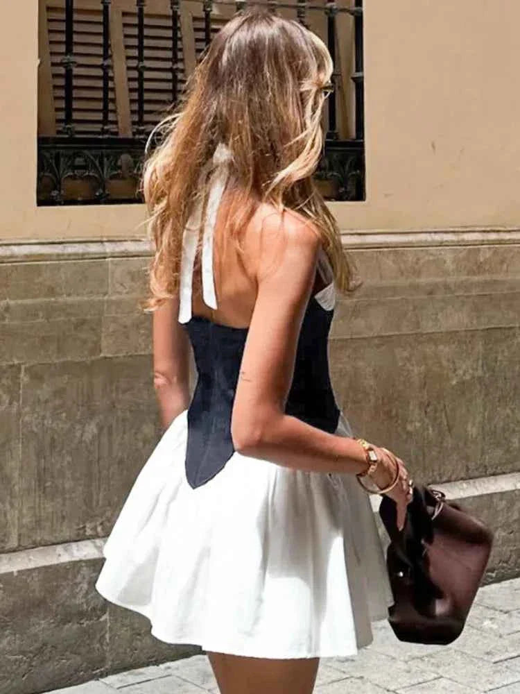 Patchwork Denim Backless Mini Dress Women