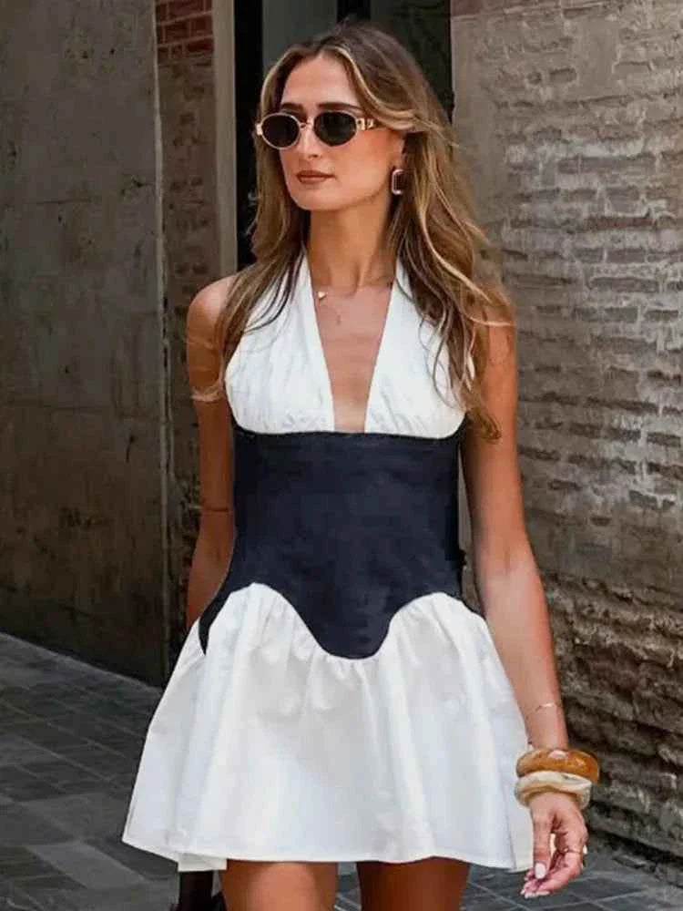 Patchwork Denim Backless Mini Dress Women