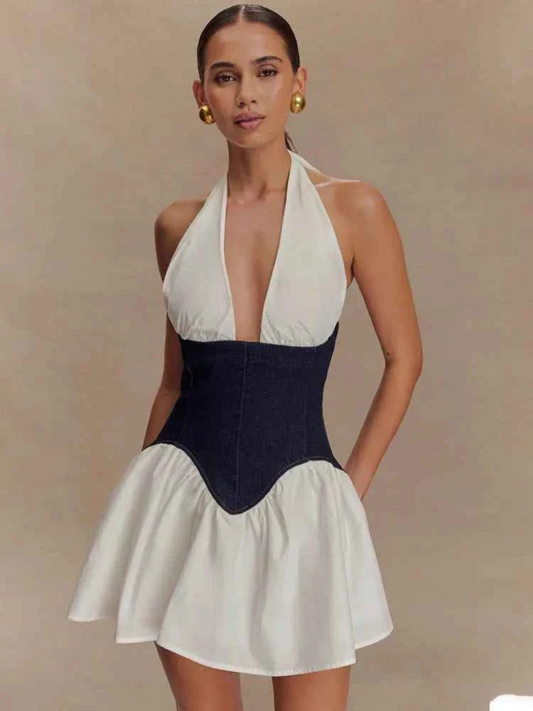 Patchwork Denim Backless Mini Dress Women