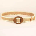 Patchwork Round Wood Buckle Women Belt