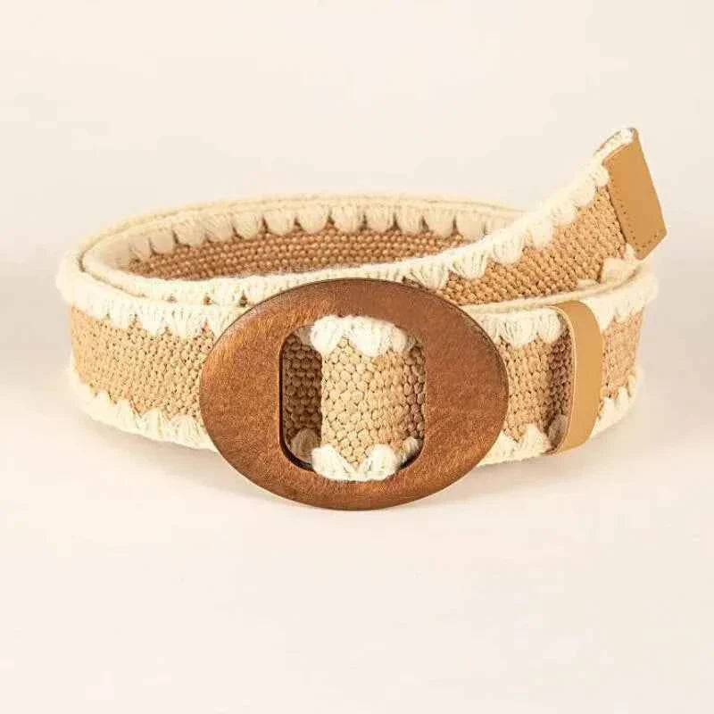 Patchwork Round Wood Buckle Women Belt