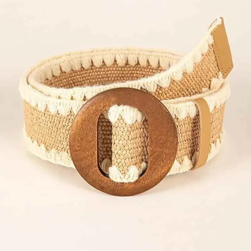 Patchwork Round Wood Buckle Women Belt