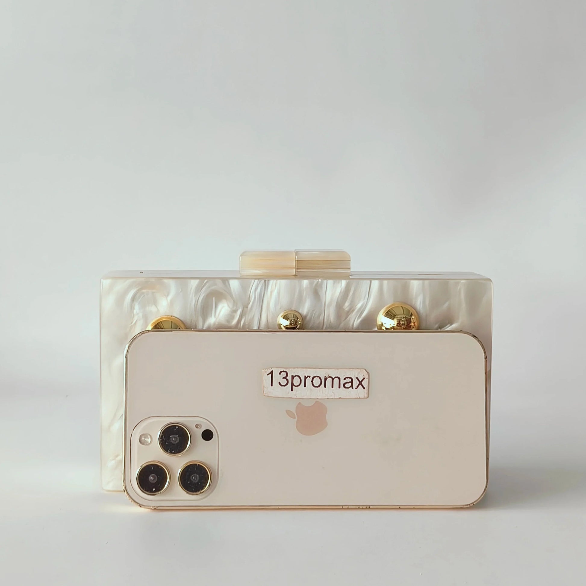 Pearl Beige Metal Dot On Surface Acrylic Clutch Purse