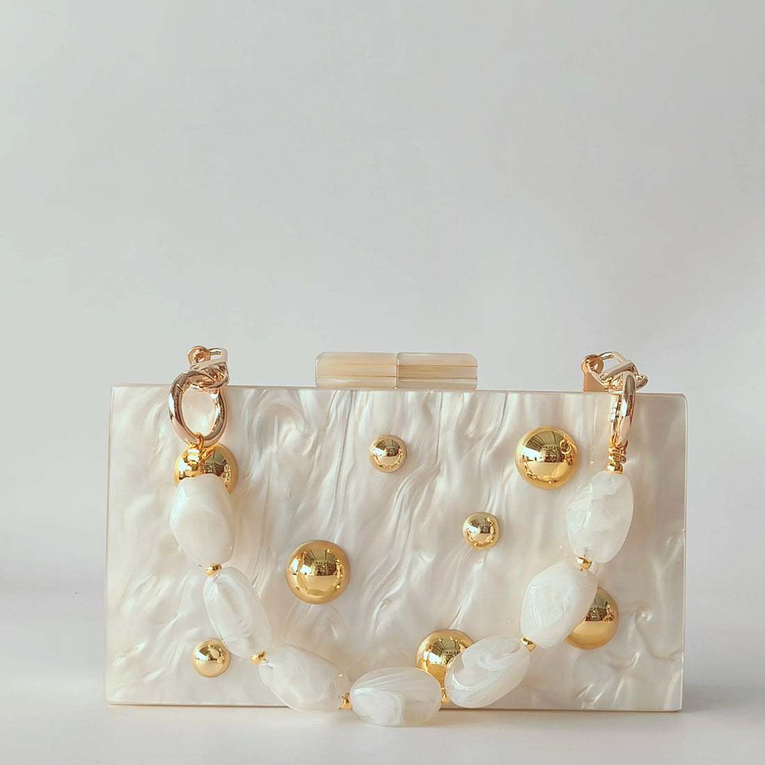 Pearl Beige Metal Dot On Surface Acrylic Clutch Purse