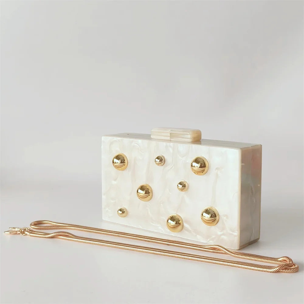 Pearl Beige Metal Dot On Surface Acrylic Clutch Purse - snake chain / Mini(Max Length<20cm)