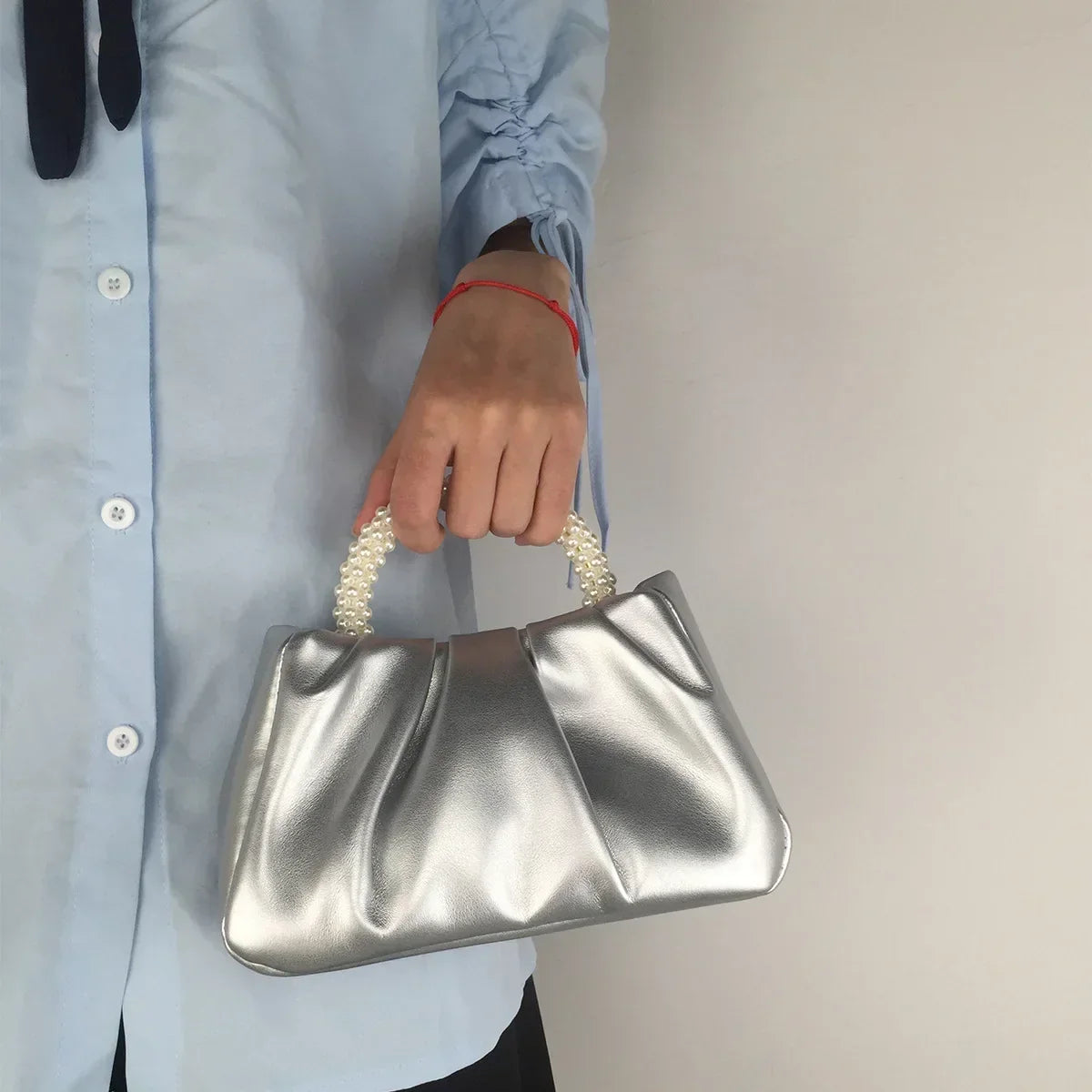 Pearl Handle Women Clutch Purse - silver