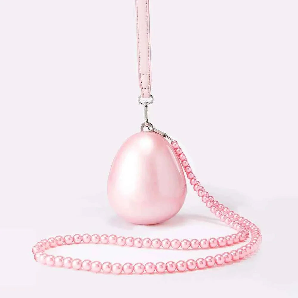 Pearl Oval Ball Beaded Long Chain Women Evening Box Clutch Bag