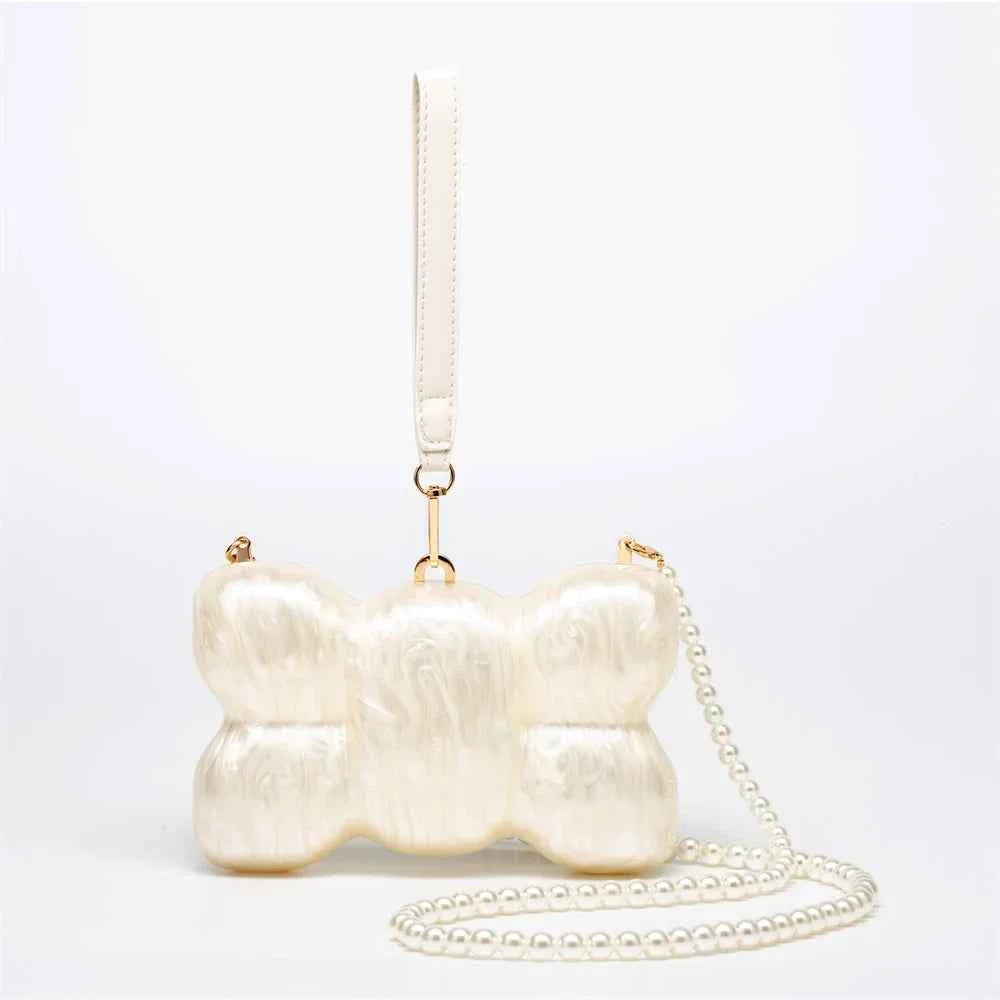 Pearl Oval Ball Beaded Long Chain Women Evening Box Clutch Bag