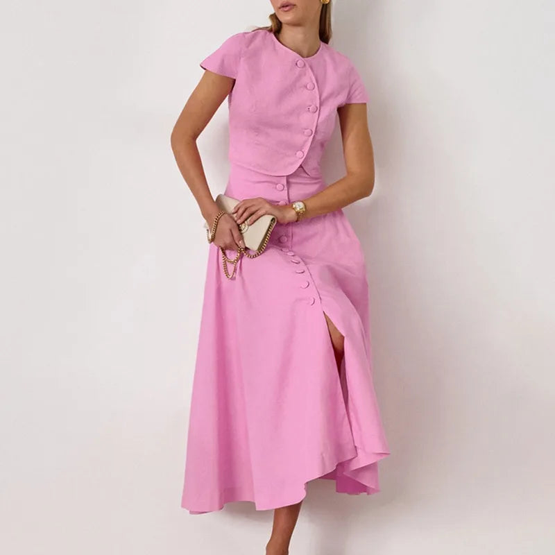 Pink Long Skirt Two Piece Elegant Shirt Button Top Loose A-Line Set