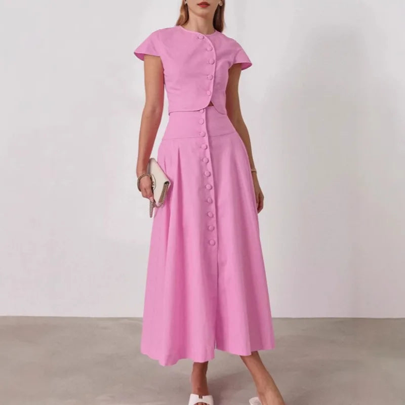 Pink Long Skirt Two Piece Elegant Shirt Button Top Loose A-Line Set