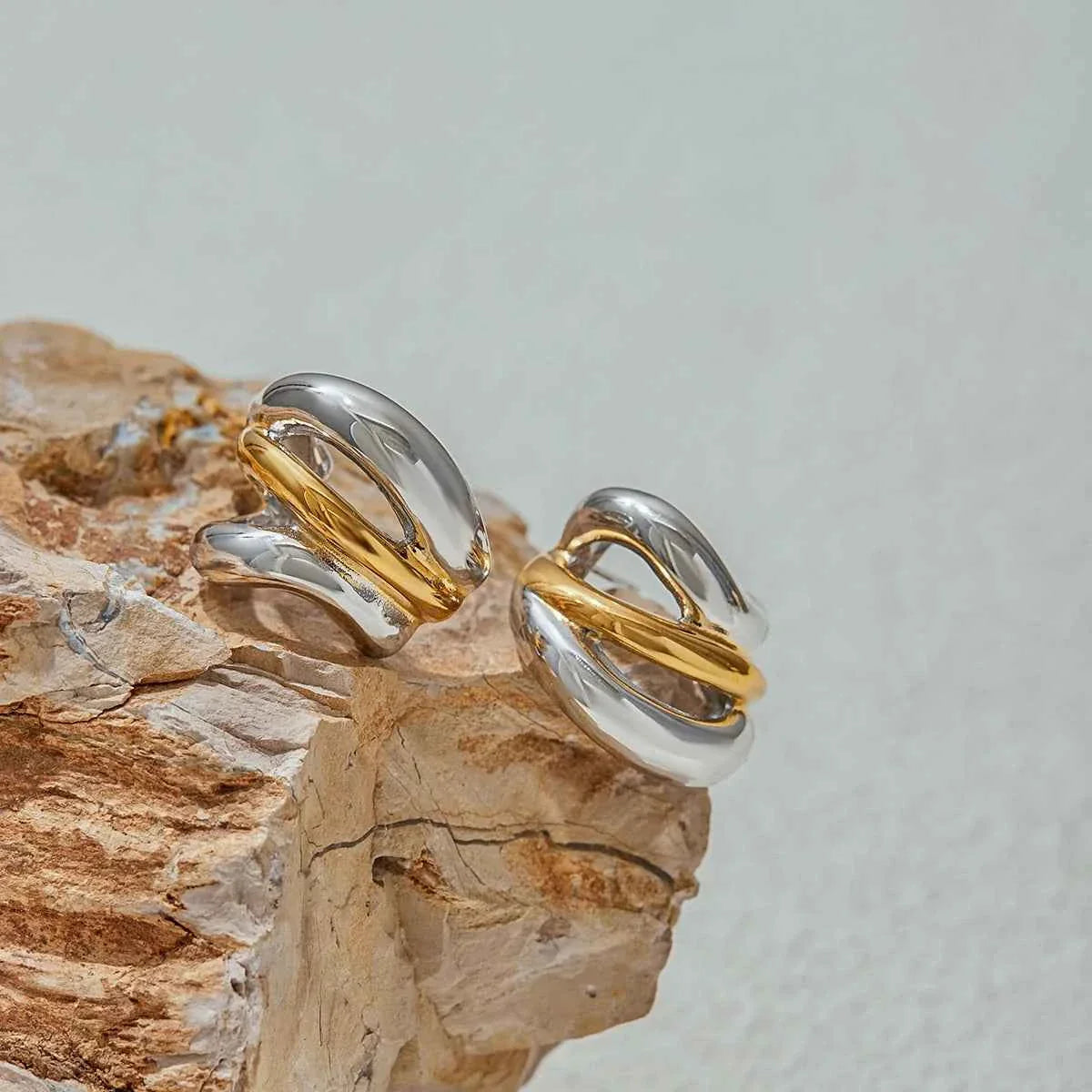 Plated Stainless Steel Double Color Irregular Hollow Line Ears Studs