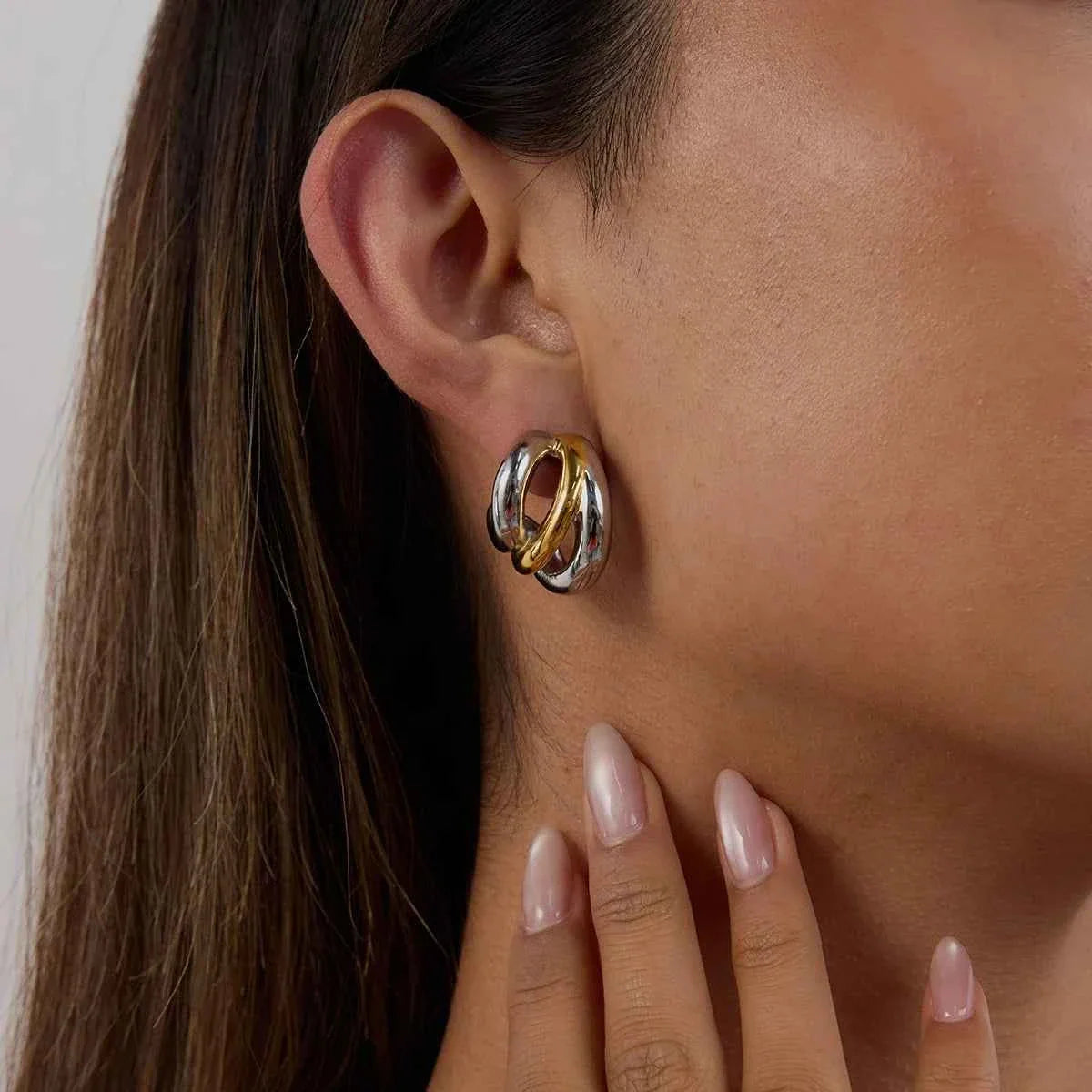 Plated Stainless Steel Double Color Irregular Hollow Line Ears Studs