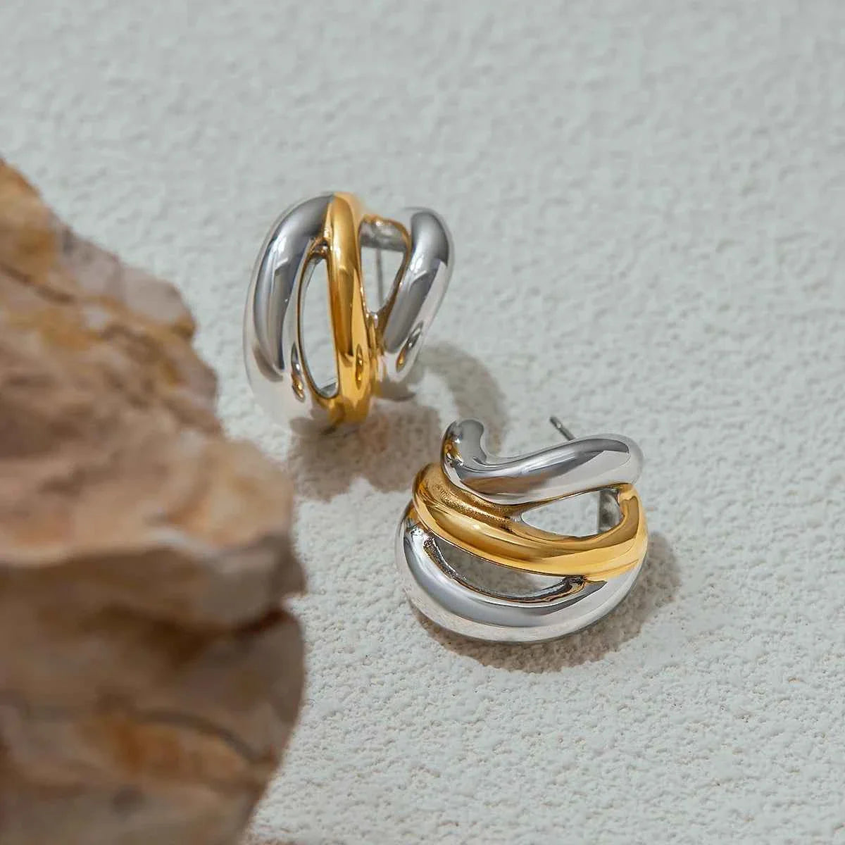 Plated Stainless Steel Double Color Irregular Hollow Line Ears Studs