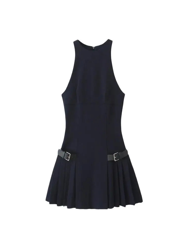 Pleated Mini Dress with Side Loops for Women Halter Neck Back - Other