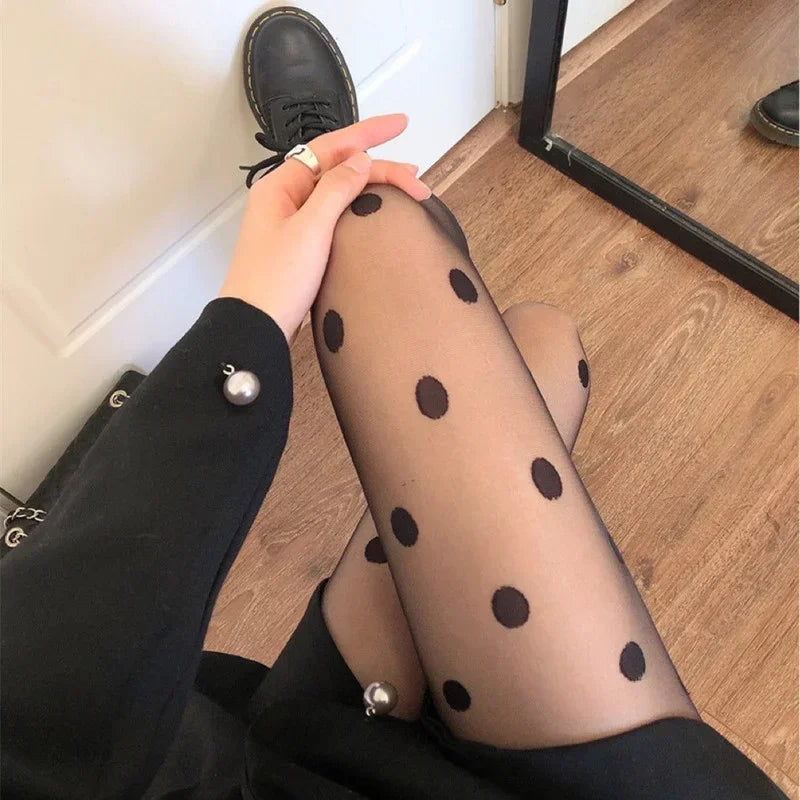 Polka Dot Tights Women Lace Mesh Fishnet Stockings Pantyhose - Black / One Size
