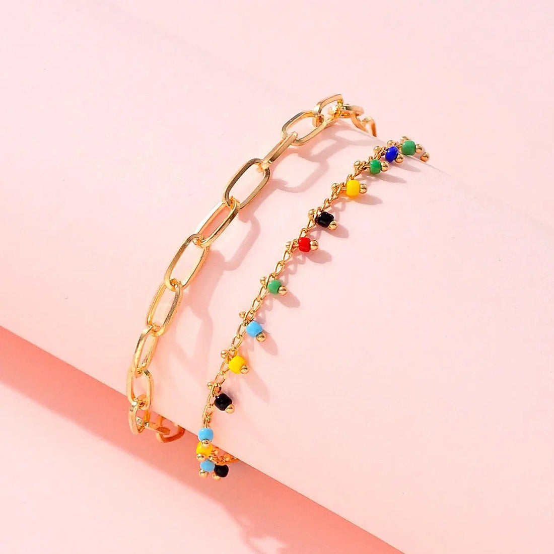 Popular Color Bead Double-circle Anklet Geometric Chain Beaded All-match - Gold - electronic accessories