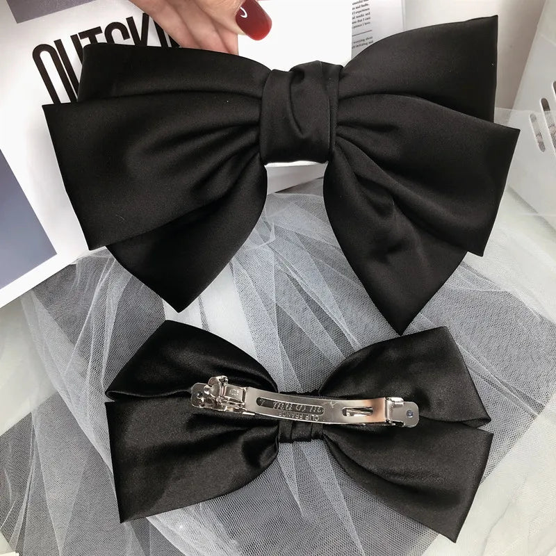 Premium Black Satin Barrettes Bow Hair Clip