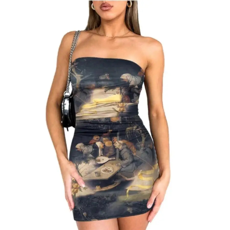 Print Pleated Pullover Cover Buttock Wrap short Dress - brown / L