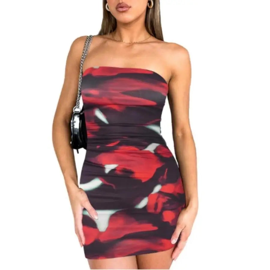 Print Pleated Pullover Cover Buttock Wrap short Dress - Dark red / L