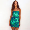 Print Pleated Pullover Cover Buttock Wrap short Dress - green / L