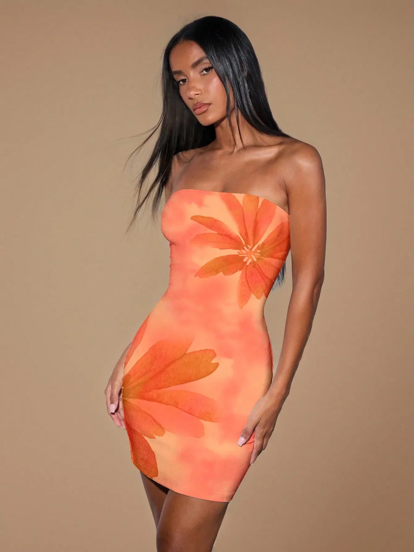 Print Pleated Pullover Cover Buttock Wrap short Dress - orange1 / L