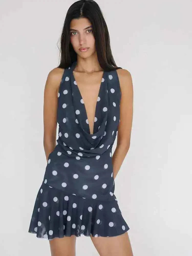 Print Polka Dot Backless Halter Women Dress