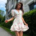 Print Puff Sleeves Ruffled Dress