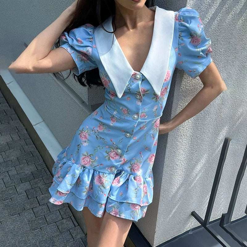 Print Puff Sleeves Ruffled Dress