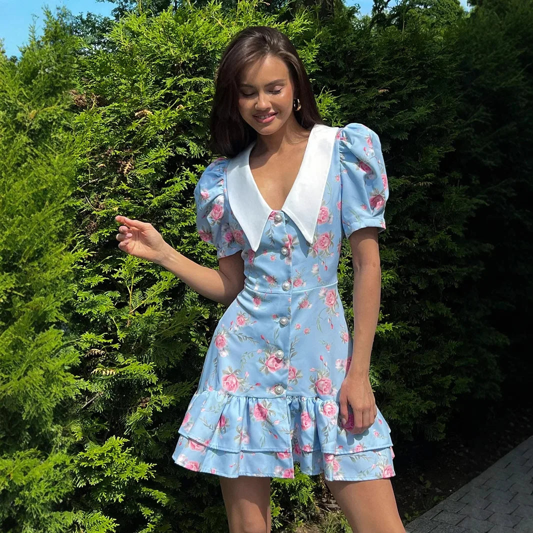 Print Puff Sleeves Ruffled Dress - Blue / M