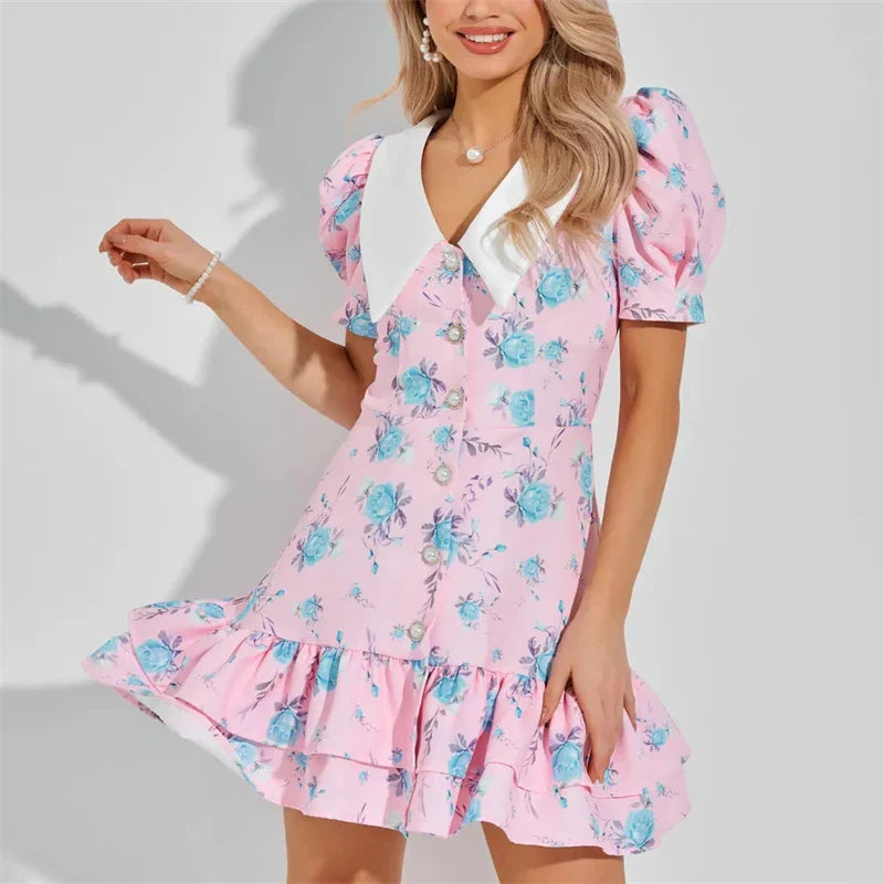 Print Puff Sleeves Ruffled Dress - Dark Pink / M