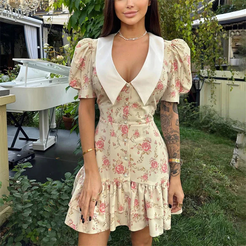 Print Puff Sleeves Ruffled Dress - Khaki / L