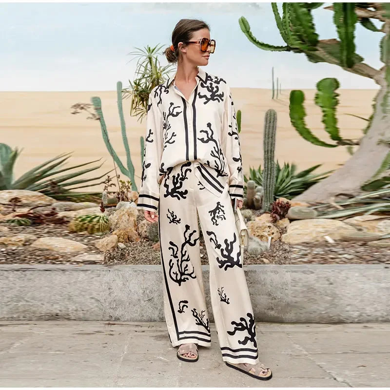 Print Suit Women Casual Lapel Long Sleeve Blouse Wide Leg Trousers