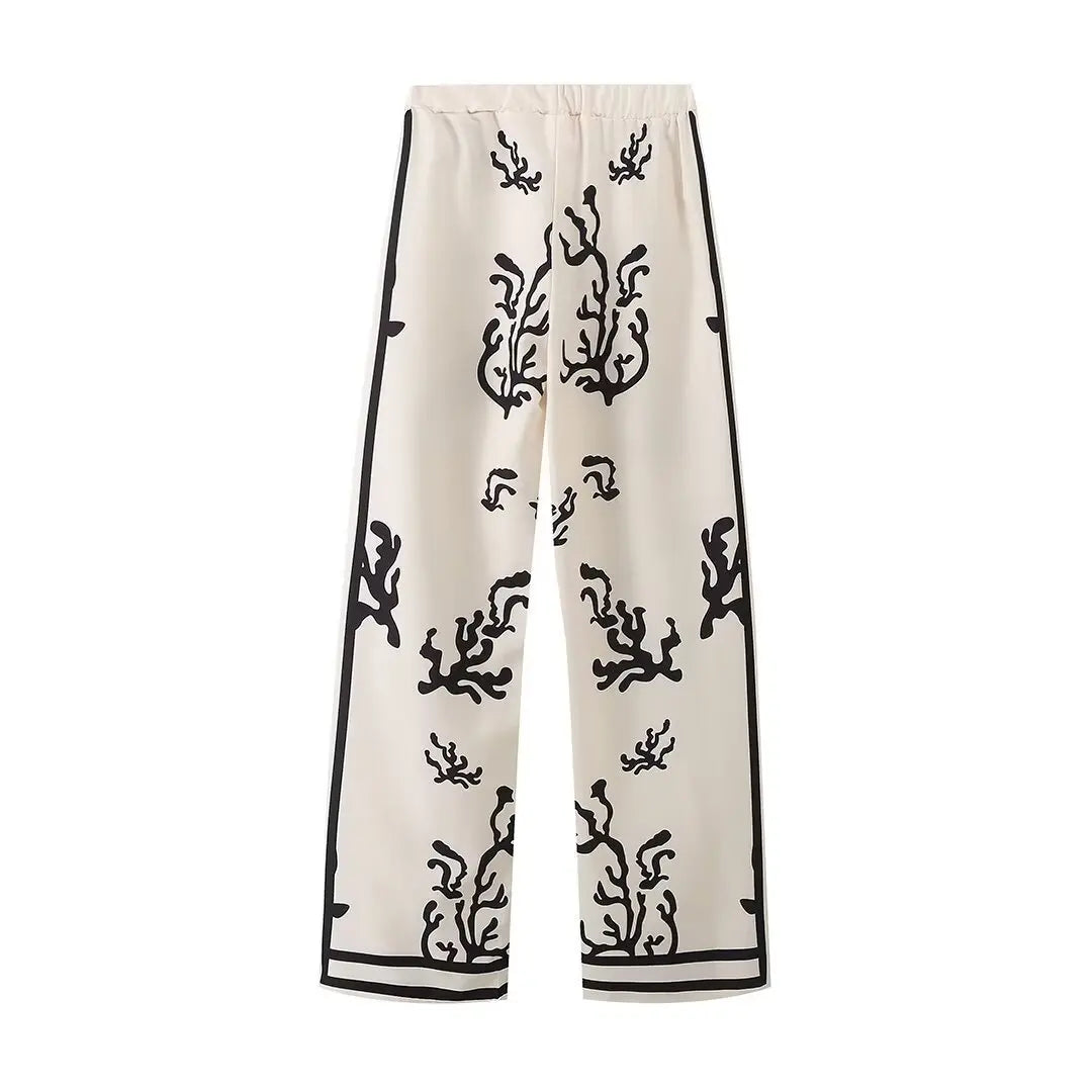 Print Suit Women Casual Lapel Long Sleeve Blouse Wide Leg Trousers - Pants / L