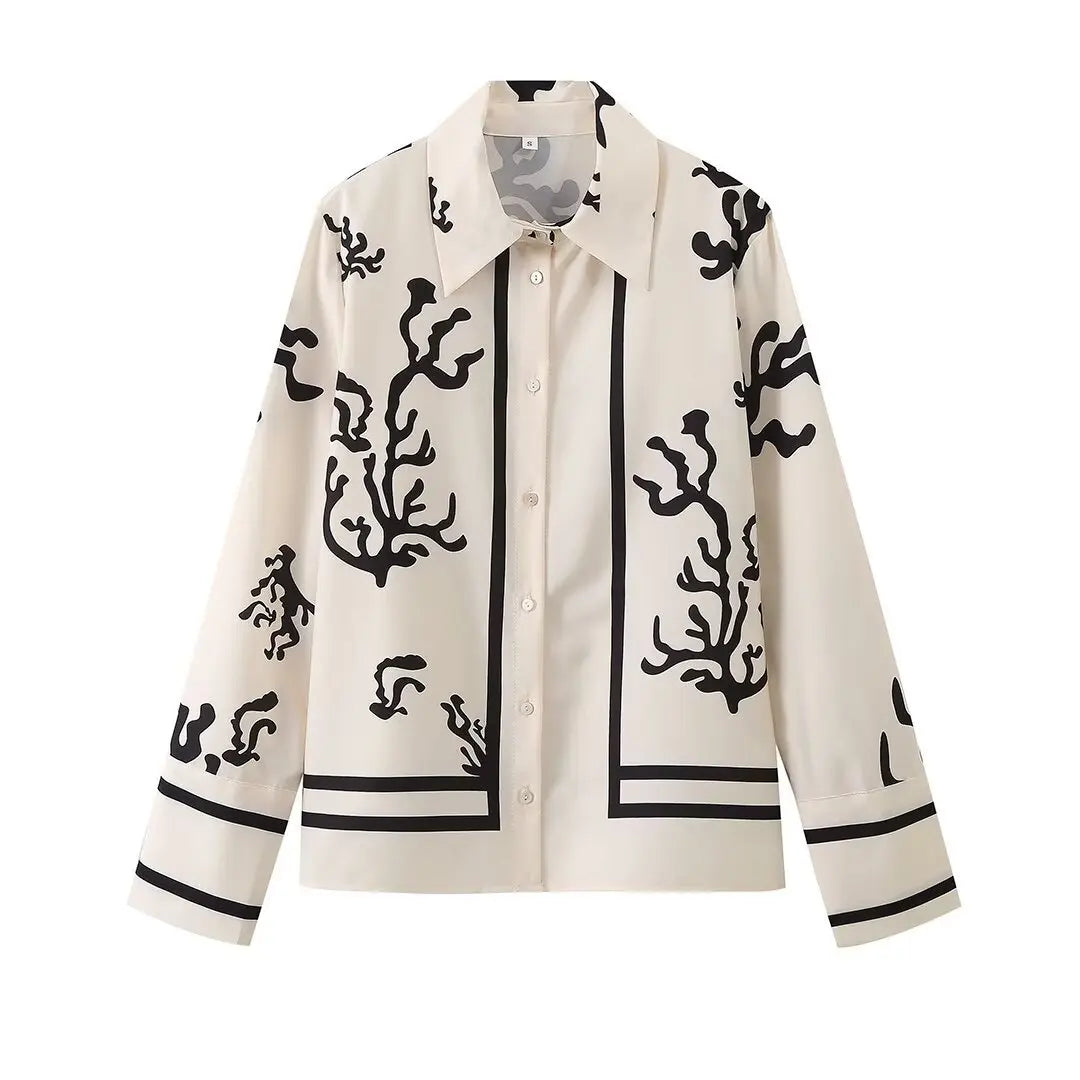 Print Suit Women Casual Lapel Long Sleeve Blouse Wide Leg Trousers - Top / M