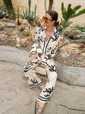 Print Suit Women Casual Lapel Long Sleeve Blouse Wide Leg Trousers