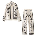 Print Suit Women Casual Lapel Long Sleeve Blouse Wide Leg Trousers - L