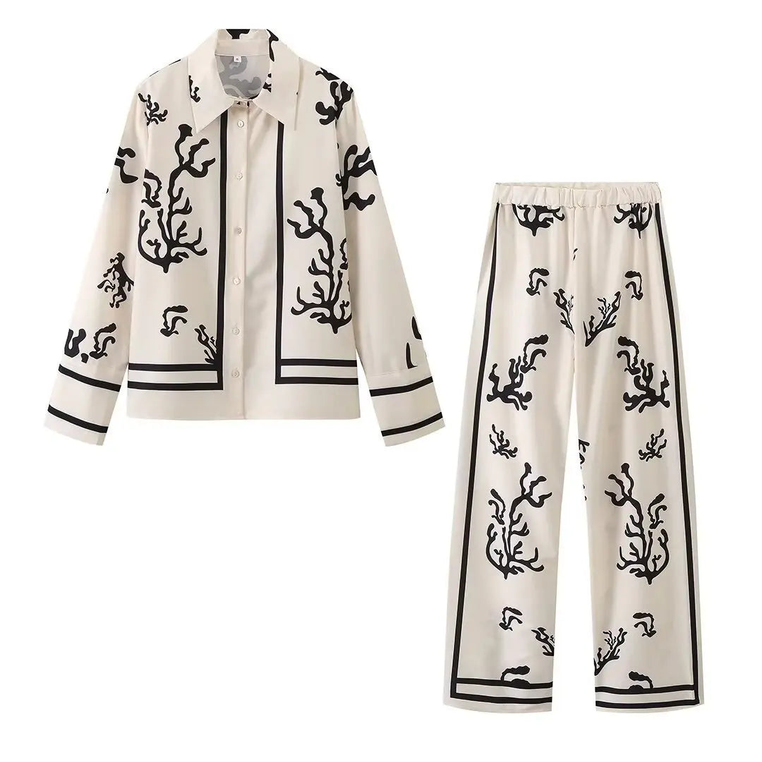Print Suit Women Casual Lapel Long Sleeve Blouse Wide Leg Trousers - L