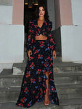 Printed Shirt Ruffles Split Skirt Sets Women